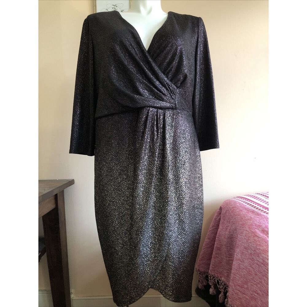 LANE BRYANT Metallic Black Ombre Shimmer V-Neck Faux Wrap Cocktail Dress Size 18